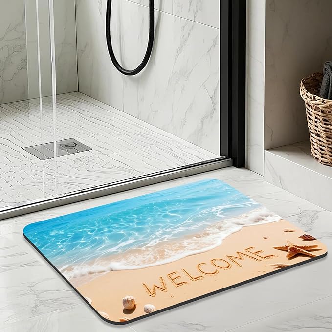 Quick Dry Bath Mat for Bathroom,Super Absorbent Beach Welcome Bath Rug Non-Slip Rubber Backing,Machine Washable Bathroom Floor Mat for Shower, Tub, Sink Area Ocean Blue 16x24