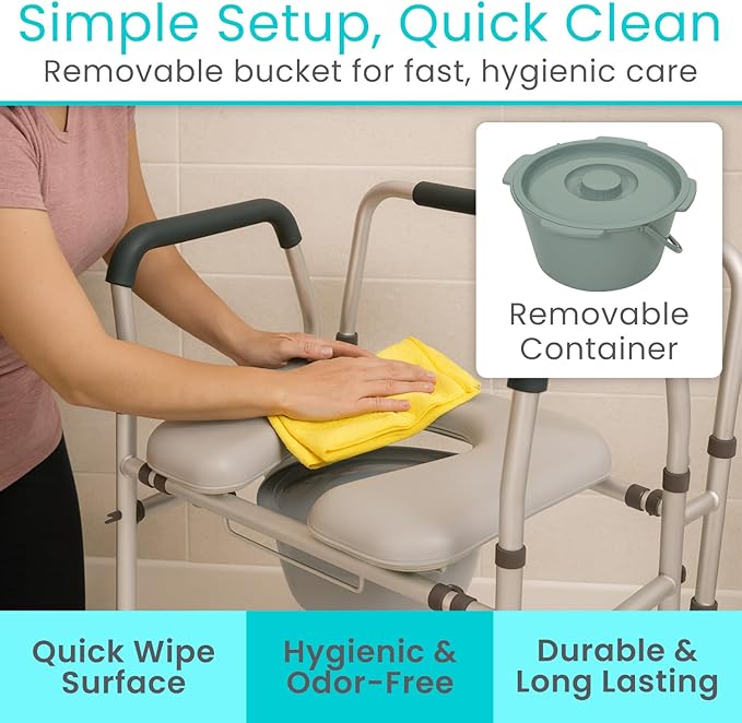 Vive Toilet Seat Riser for Seniors with Handles - Height Adjustable Raised Toilet, Safety Frame for Adults, Commode Chair, Padded Seat, Supportive Armrests (Gray)