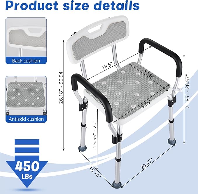 Shower Chair for Elderly and Disabled Inside Shower, Shower Seat for Inside Tub 450 LB Heavy Duty, Shower Chair with Arms and Back,Padded Handicap Bath Chairs for Seniors for Shower Stal