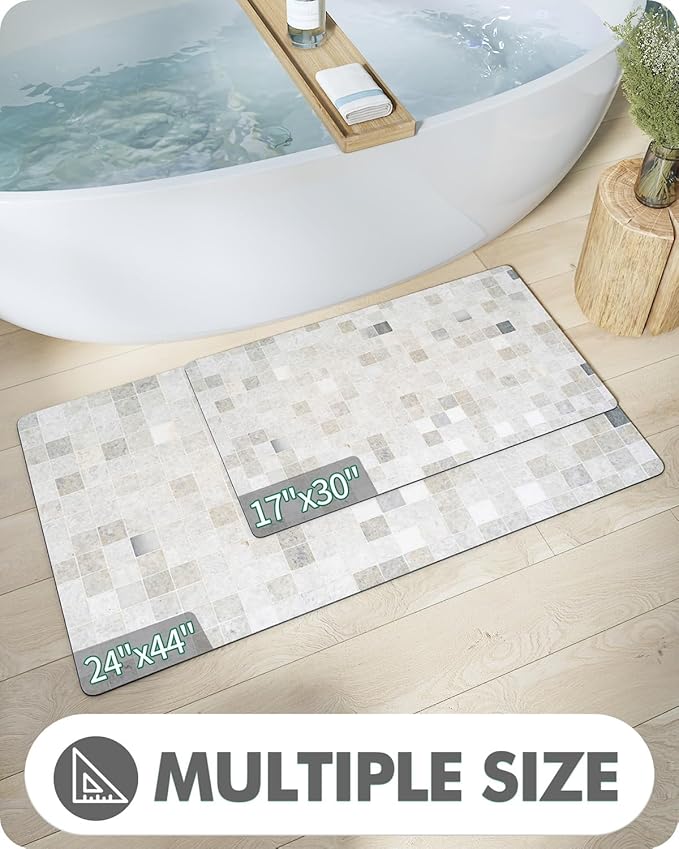 LUMI Ultra Thin Bath Mat, Super Absorbent Quick Dry Bathroom Rugs, Non-Slip Bathroom Mats, Marble Bathmats Fit Under Door, Bathtub, Sink, Shower Room, 17"x30", Beige Checkered