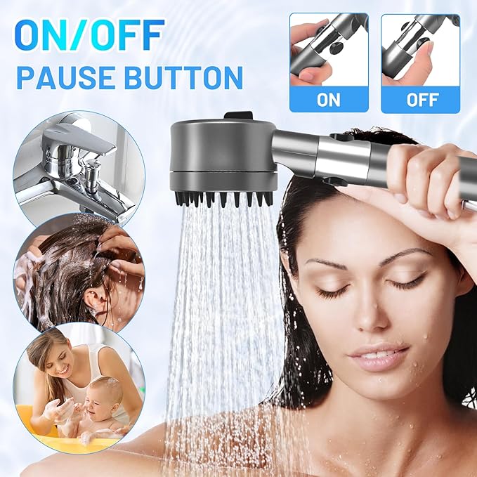 Filtered Shower Head with Handheld, High Pressure Water Flow and 4 Spray Modes, Power Wash for Hard Water, Showerhead Set with 59″ Hose、Bracket、Filters, ON/OFF Switch for Pets Bath (Grey)