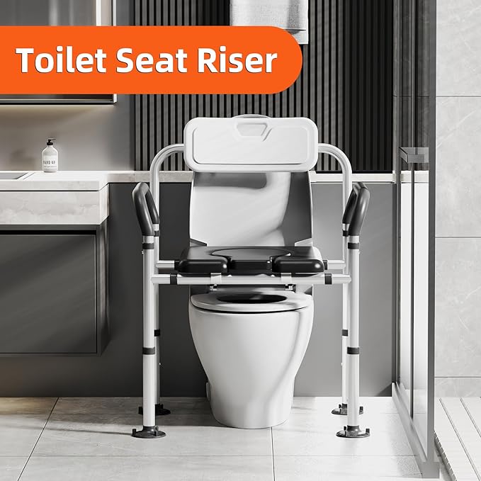 Heavy Duty Bedside Commode Chair with Adjustable Height and Width, Raised Toilet Seat with Arms Handles and Back Support for Elderly, Portable Bedside Toilet with Bucket (Width 20.4-22.44")