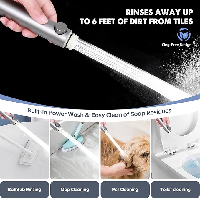 Shower Head with Handheld, High Pressure 5 Modes Water Saving Handheld Shower Head, One Button Water Stop, with 6-inch Extra Long Stainless Steel Hose and Adjustable Mounting Holder, Silver