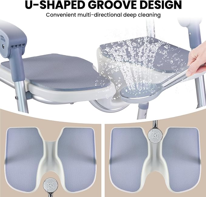Medwarm Folding Shower Chair, U Shape Shower Chair with 5-Level Adjustable, Non-Slip Feet for Private Washing, Elderly, Disabled, Seniors & Pregnant, Heavy Duty Shower Chair
