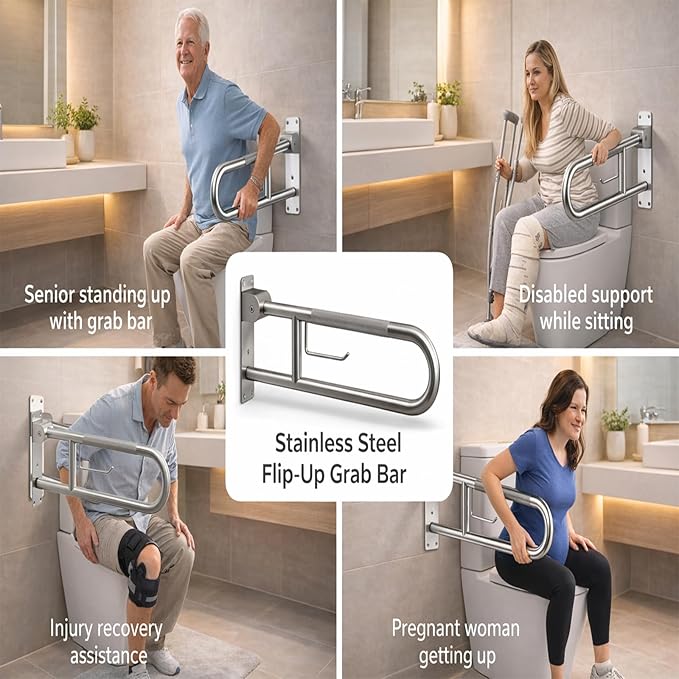 23.6" Flip-Up Toilet Grab Bar with Paper Holder,304 Stainless Steel Bathroom Safety Rail, Anti-Slip Folding Handicap Grab Bar for Seniors, Elderly & Disabled, Wall Mounted Support Handrail