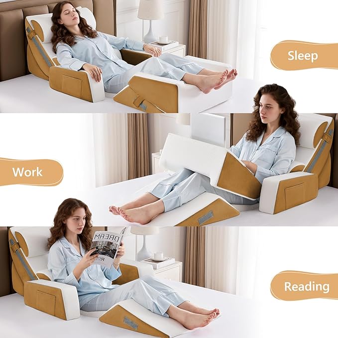 Yojoker 9PCS Orthopedic Bed Wedge Pillow Set for Sleeping, Back and Leg Pain Relief, Post Surgery Foam Pillow for Body, Triangle Adjustable Support Pillow - Acid Reflux Sleeping Pillows Brown