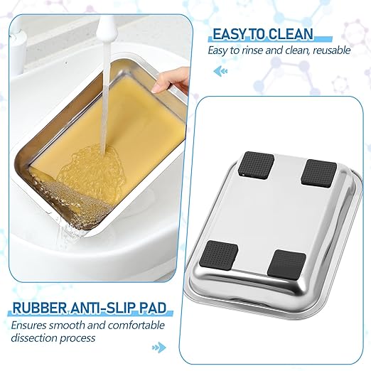 Conelist 1 Set 10.2 x 7.5 Inch Dissection Pan with Yellow Wax Thicken with 4 Rubber Nonslip Mat Reusable Stainless Steel Thicken Dissection Pan for Lab Experiment Junior Senior