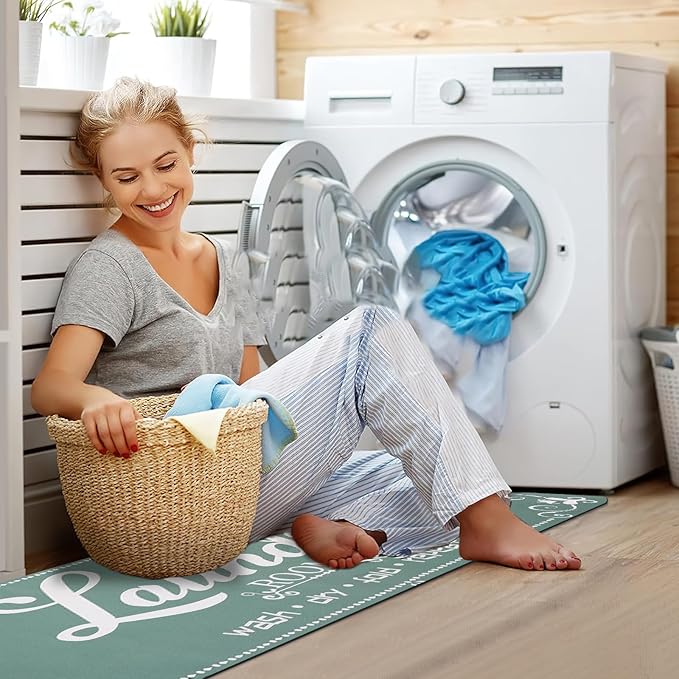 XLHOMO Laundry Room Rug Runner, 17"x60" Non Slip Teal Nappa Leather Laundry Rugs, Farmhouse Washable Floor Laundry Mats for Laundry Room, Kitchen, Washroom, Bathroom, Mudroom, Hallway Entryway Decor