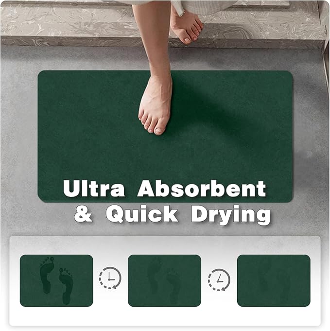 TYUU Bathroom Mat Quick Dry, Bathroom Rugs Non Slip Washable Thin Absorbent Bath Mat Fits Under Door Bathroom Floor Mat Perfect for Bath, Shower, or Sink 20"x30" Dark Green
