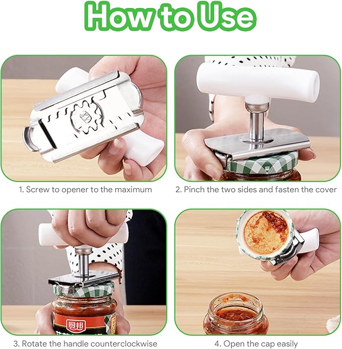 2Pcs Jar Can Opener for Seniors with Arthritis, Bottle Opener for Weak Hands, Kitchen Gadget With Lid Opener Tool, Adjustable Grip Stainless Steel for Opening, Fits 1-4 Inch (Green+White)