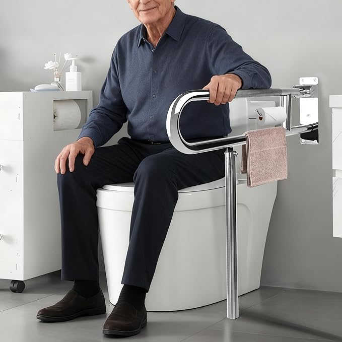 Handicap Grab Bar,29.5 Inch Stainless Steel 1.25" Diameter Toilet Safety Rails for Bathroom with Paper Holder, Anti-Slip Flip-Up Support Rail for Seniors Elderly