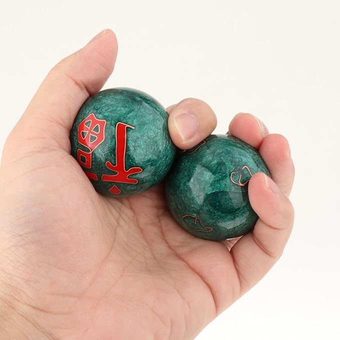 2 Pieces Hand Massage Balls, Chinese Exercise Handballs with Storage Box, Compact Relaxation, Chinese Baoding Balls, for Kids Seniors, Fu Word Green