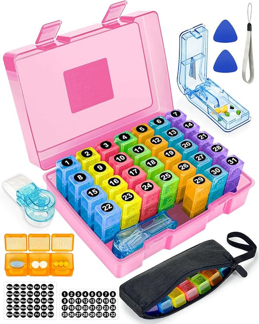 Monthly Pill Organizer 3 Times a Day – Yonlog Large Medicine Box with Weekly Travel Bag, Pill Cutter, Easy-Open Pick, Pill Taker Tool, and 2 Medication Stickers (Pink, 3 Times a Day)