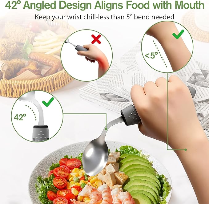4Pcs Adaptive Utensils for Elderly, Weighted Adaptive Eating Utensils, Adaptive Utensils Set Non-Slip Handles for Hand Tremors Seniors Arthritis Parkinson’s (Left-Handed, Grey)