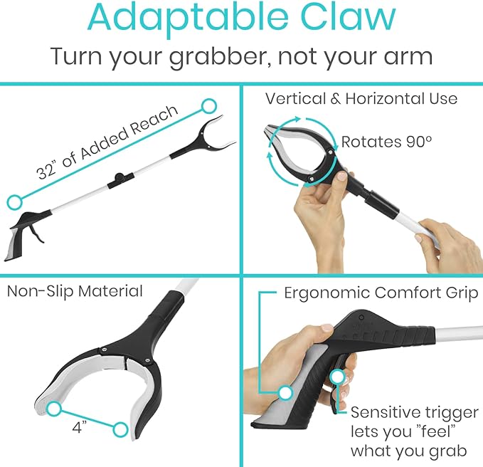 Vive 32" Grabber Reacher Tool (2 Pack) - Foldable Pickup Stick with Rotating Jaw & Sensitive Trigger - Heavy Duty Mobility Grip Hand Aid - Extra Reach Extender Claw for Seniors, Elderly, Handicap