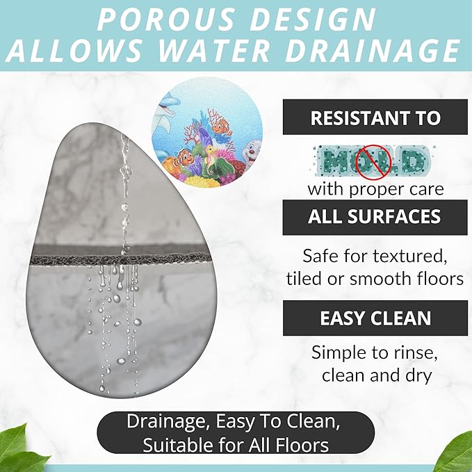 Enkosi Loofah Non-Slip Shower Mat - Shower Floors, Bathtub, Bathrooms, Wet Areas - Cushioned Bath Mat with Drain Holes - Quick Dry PVC, Secure Safety Pad Without Suction Cups (32x24 Dolphin)