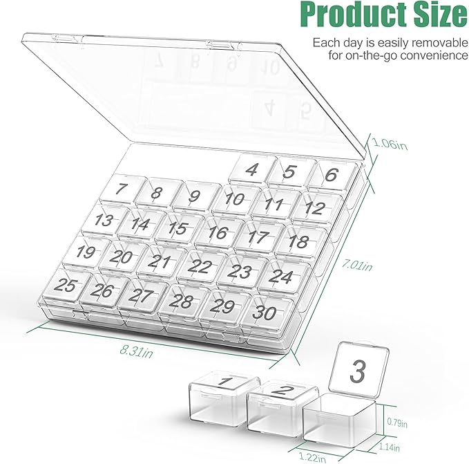Monthly Pill Organizer - 30 Day Pill Box - Easy to Open - Large Compartments - Portable Case for Travel, Medicine Organizer for Vitamins (White)