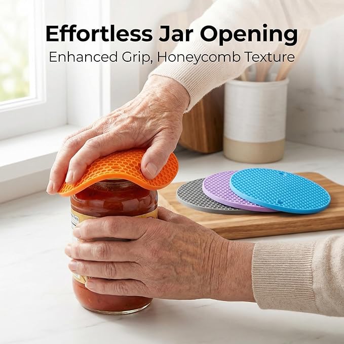 Set of 4 Multifunctional Silicone Grippers, Gray Purple Blue Orange Jar Openers and Trivet Mats, Non-Slip Lid Opener for Weak Hands, Heat Resistant Hot Pads for Kitchen (17.5cm Round)