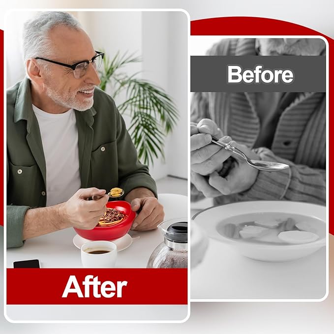Hushee 2 Sets Adaptive Spill Proof Scoop Bowl and Plate Set with Suction Base Non Skid Self Feed Suction Dinnerware for Elderly Disabled Handicapped from Parkinsons Tremor (Red and White)