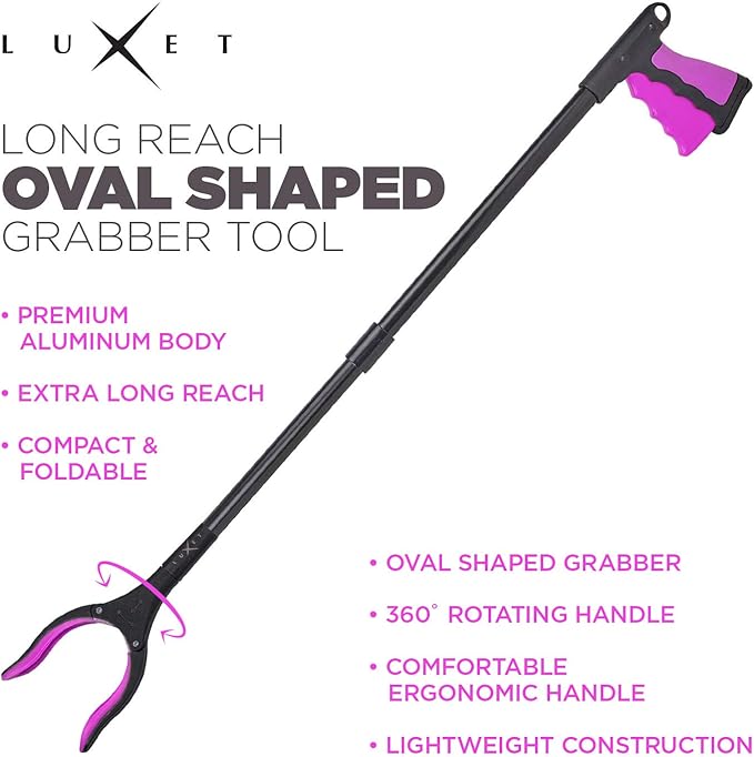 Grabber Reacher Tool - Long 32 Inch (Pink) Aluminum Foldable Pick Up Stick - Strong Grip Magnetic Tip for Store Shelves, Lightweight Trash Picker Claw Reacher Grabber Tool for Elderly - by Luxet