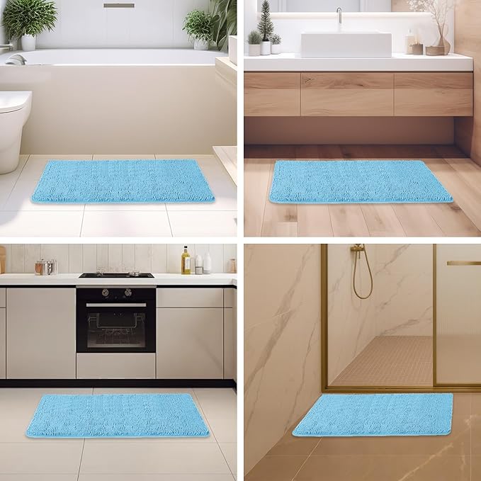Sky Blue Bathroom Rugs – Absorbent and Washable Bath Mat, Non-Slip, Thick Soft Chenille Bath Rugs for Bathroom Floor, Shower, Sink - 24" x 36"