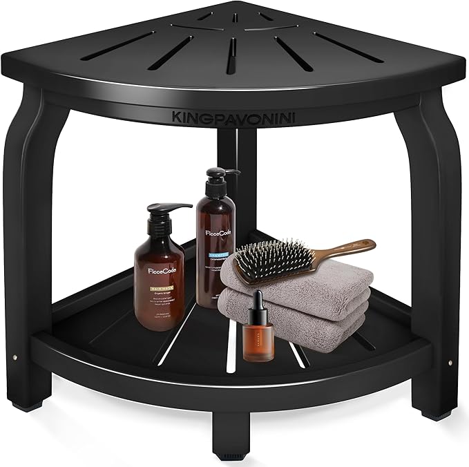 KingPavonini Bamboo Corner Shower Stool for Shaving Legs Foot Rest, Waterproof Bath Bench Seat with Storage Shelf for Bathroom Inside Shower, Hold Up to 450Lbs