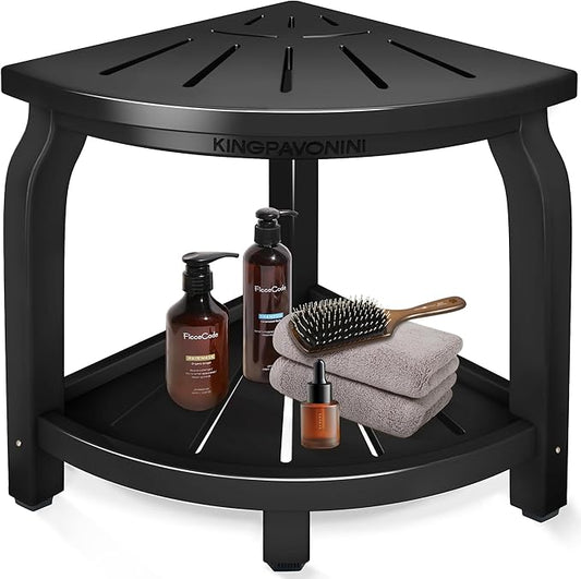 KingPavonini Bamboo Corner Shower Stool for Shaving Legs Foot Rest, Waterproof Bath Bench Seat with Storage Shelf for Bathroom Inside Shower, Hold Up to 450Lbs