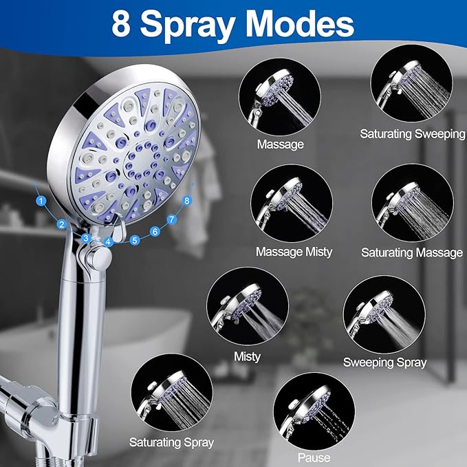 High Pressure 10-mode Detachable Shower Head with Handheld, Showerhead with ON/OFF Pause Switch, 15 Stage Water Softener Filters for Hard Water Remove Chlorine, Meet cUPC and CEC Certification