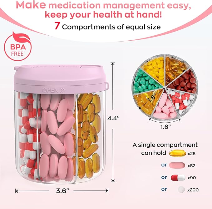 Hionxmga Pill Dispenser with 7 Large Compartments, Pill Organizer for Travel, Supplement Organizer with Anti-Mixing Design, BPA-Free Pill Container with 20 Pcs Labels, Blue+Pink