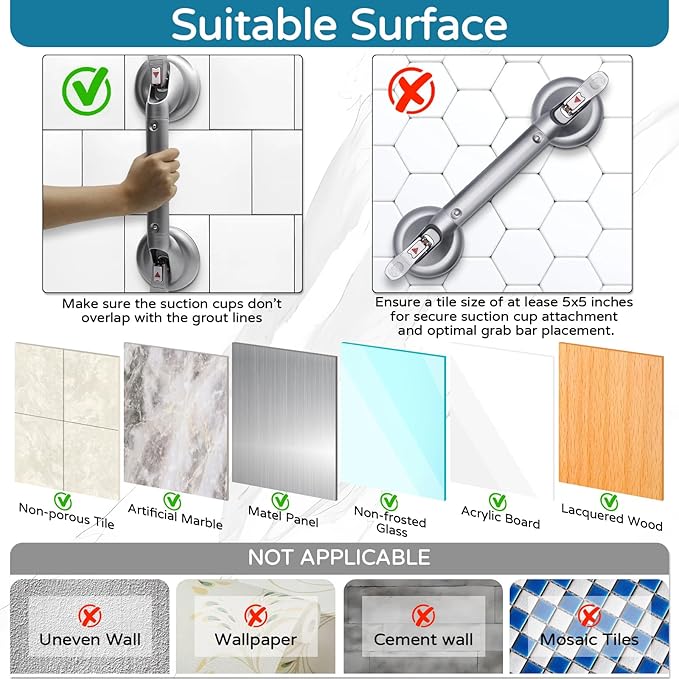 Suction Grab Bar for Shower Bathtub, Heavy Duty Shower Handle with Strong Suction Cup for Bathroom Wall, Max 269lbs Safety Handrails Non-Slip Grip for Seniors Elderly Disabled Handicap, 17 Inch Silver