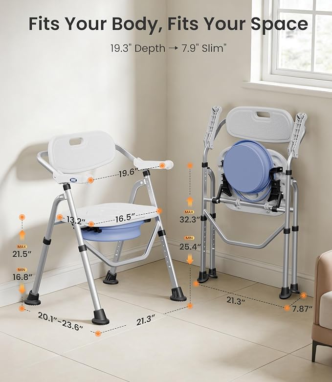 VOCIC Folding Shower Chair for Inside Shower, Lab-Tested 300lbs Heavy Duty Shower Seat for Elderly & Disabled, Flip-Up Arms, Cutout Seat, Height Adjustable Back & Legs, Portable Shower Commode Chair