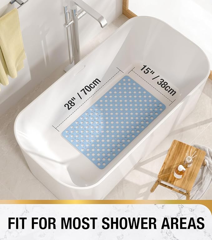 HITSLAM Bathtub Mat Non Slip, 28 x 15 Inch TPE Bath Mat for Tub, Efficient Drainage Bathroom Shower Mat with Suction Cups, Bath Tub Mat, Soft on Feet and Easy to Clean, Blue