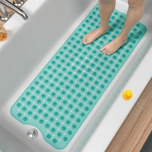 HITSLAM Bath Mat for Tub, Non Slip Bathtub Mat, 40 x 16 Inch Extra Long Bath Tub Mat, Machine Washable Bathroom Shower Mat with Suction Cups and Drain Holes, Soft on Feet, Clear Green