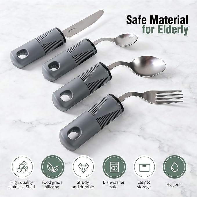 Adaptive Utensils Set, 4-Piece Weighted Utensils with 2 Elastic Strap for Parkinson’s, Arthritis and Hand Tremors, Non-Slip Handles for Easy Grip & Independence, Left Handed