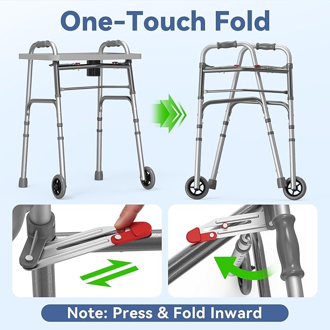 Loyoda Folding Walker with Tray, 5" Wheels Lightweight Walkers for Seniors and Adults, Supports Up to 350 Pounds, Adjustable Height, Compact Standard Walker, Silver