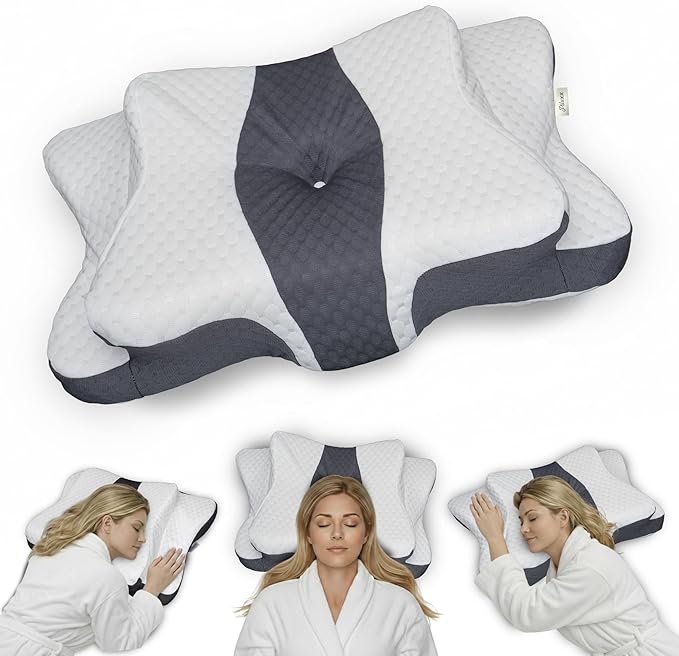 Ergonomic Cervical Neck Pillow for Sleeping – Memory Foam Cervical Pillow for Side Sleepers and Back Sleepers – Contour Neck Support (Grey/White)