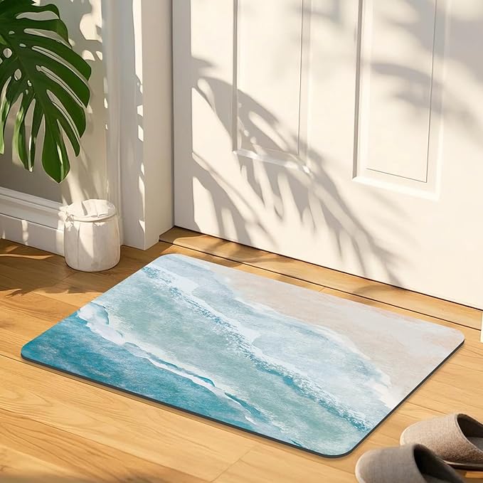 Quick Dry Bath Mat for Bathroom,Super Absorbent Beach Welcome Bath Rug Non-Slip Rubber Backing,Machine Washable Bathroom Floor Mat for Shower, Tub, Sink Area Coastal Beach 16x24