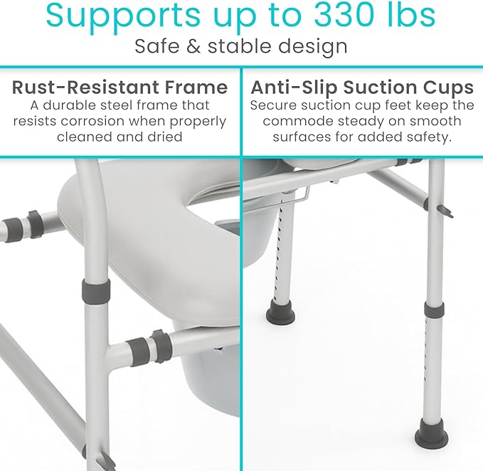 Vive Toilet Seat Riser for Seniors with Handles - Height Adjustable Raised Toilet, Safety Frame for Adults, Commode Chair, Padded Seat, Supportive Armrests (Gray)