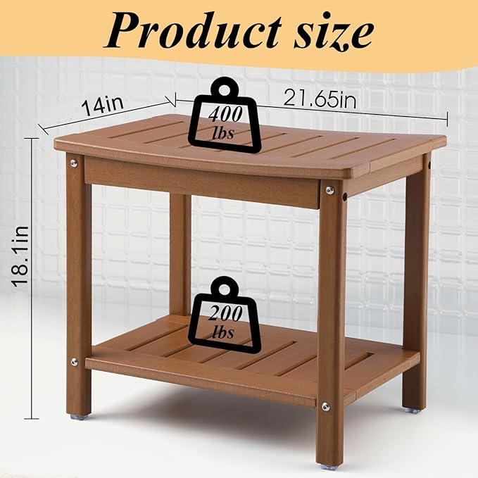 Apolimi HDPE Shower Bench, 2-Tier Spa Stool with Storage Shelf, Non-Slip & Water Resistant Shower Seat (Teak L Size)