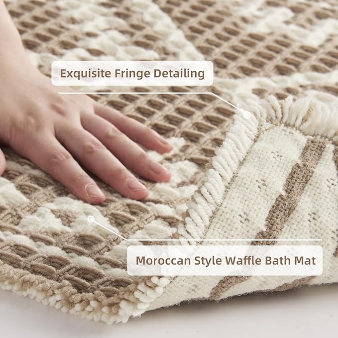 PADOOR-Waffle Bath Mat-Super Absorbent Bath Mats for Bathroom, Machine Washable Non Slip Bathroom Rug with Tassels, Soft Bathroom Mat for Laundry Room, Bedroom, Brown & Cream, 17"x28"