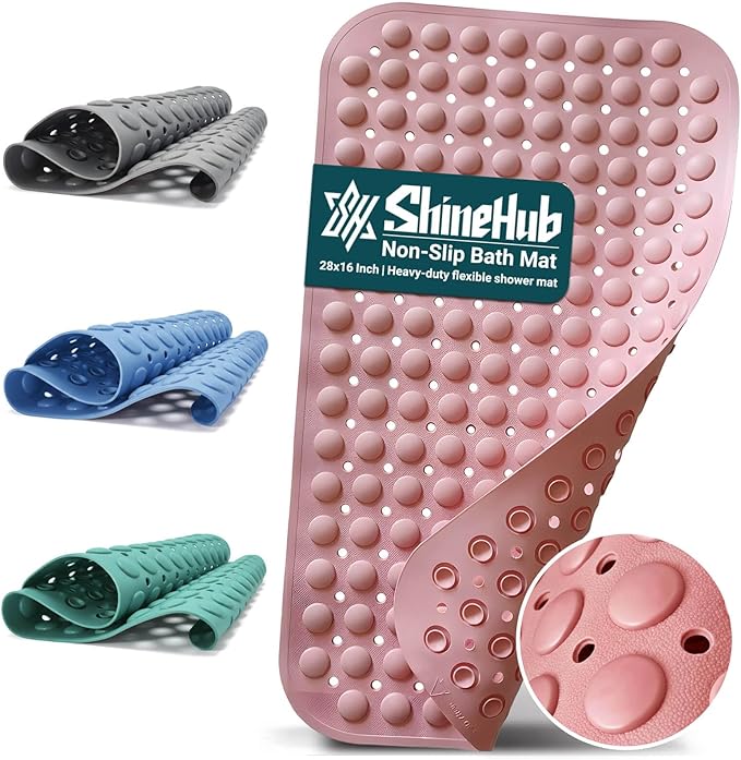 7mm Extra Thick TPE Bath Mat, Non-Slip Shower Mat for Bathroom and Tub, 28x16 Inch with Drainage Holes and Stability Grip, Machine Washable, Dusty Blossom Pink