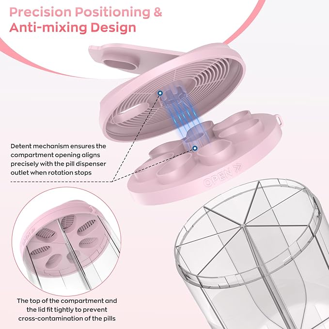 Hionxmga Pill Dispenser with 7 Large Compartments, Pill Organizer for Travel, Supplement Organizer with Anti-Mixing Design, BPA-Free Pill Container with 20 Pcs Labels, Blue+Pink
