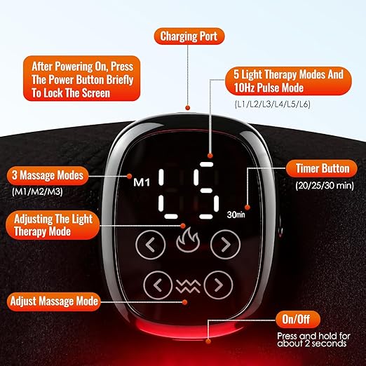 Seenew Red Light Therapy Knee Brace with Vibration Massage, Heated Knee Massager with Rechargeable Controller, 660nm & 850nm Red Light Therapy Heated Device for Knee, Elbow, Shoulder (Black-Grey)