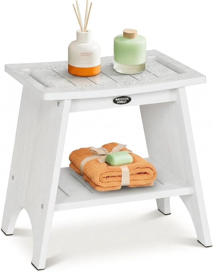 HDPS Shower Benches for Inside Shower to Sit on, Waterproof Shower Chair with Storage Shelf, Heavy Duty 500-lb Shower Seat, Shower Stool for Shaving Legs, Indoor/Outdoor Use, White