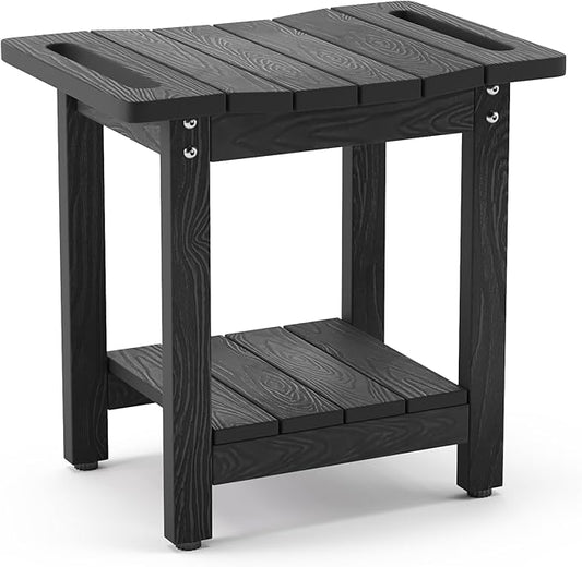 LUE BONA HDPS Shower Benches for Inside Shower, Black Shower Stool for Shaving Legs with Shelf, Waterproof Shower Chair Seat for Spa Bathroom, Weather Resistant/Non-Slip/Handles/Indoor or Outdoor Use