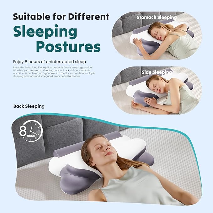 DUMOS Cervical Neck Pillow for Sleeping, Cooling Ergonomic Memory Foam Pillow with Arm Rest Slot and Ice Silk Pillowcase, Dual Height Orthopedic Support Contour for Side, Back, Stomach Sleepers