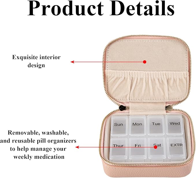 Weekly Pill Organizers Travel, Portable Pill Case with Removable Pill Sorter, Travel Pill Organizer 7 Day,Leather Vitamin Box, Pill Organizer Once a Day, Daily Pill Box Travel Case. (Pink)