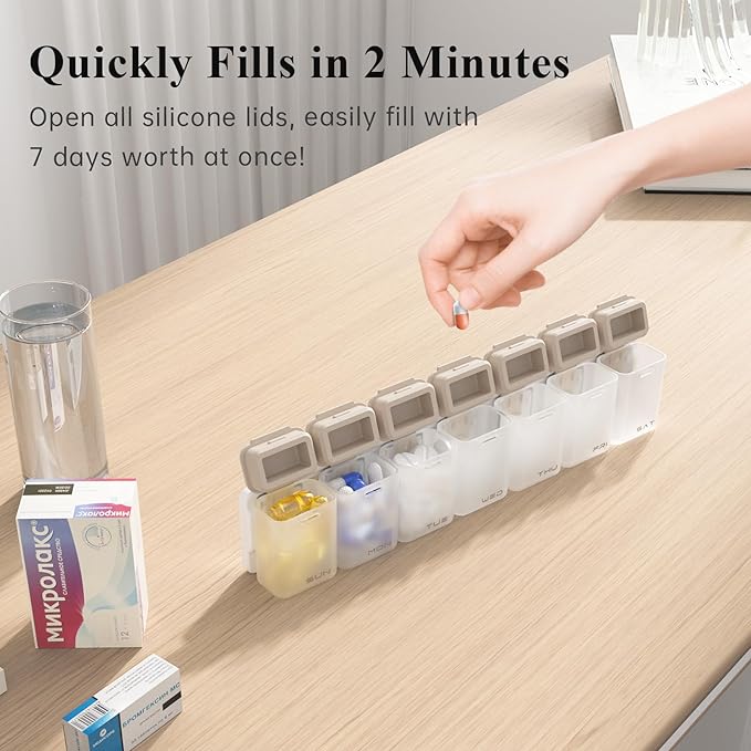 KOVIUU Weekly Pill Organizer Magnetic for Fridge, Removable Pill Box 7 Day 1 Time a Day, Large Pill Case Travel, Week Once Daily Dispenser, Medicine Container Holder for Supplement Vitamin, Brown
