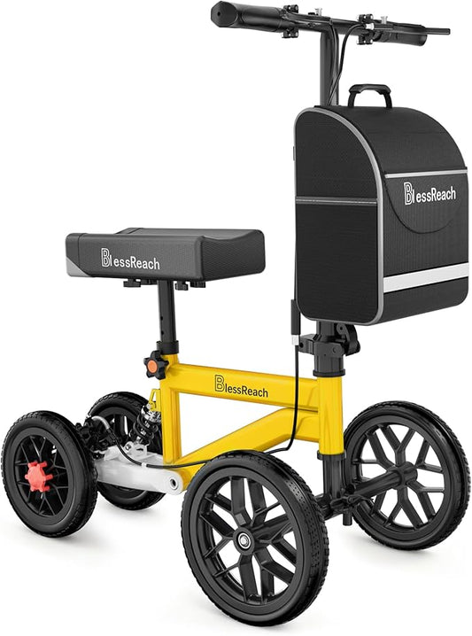 BlessReach Economy Steerable Knee Walker - Compact Crutch Alternative for Foot Injuries with Dual Braking System (Yellow)