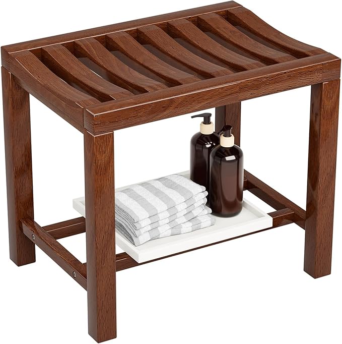 Rubber Wood Shower Bench, Non-Slip Waterproof Wooden Shower Stool for Adults & Elderly, Sturdy Bath Seat for Inside Shower or Tub – 20.08" D x 14.96" H x 6.3" W